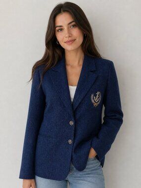 Vintage Raw Silk Navy Blazer w/ Gold Crest – Classic Nautical Prep - Size Med